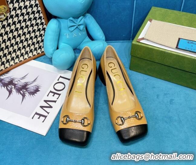 Lowest Cost Gucci Matte Stone-Embossed Calfskin Pumps 2.5cm with Horsebit 043001 Beige 2021