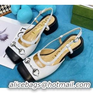 Classic Hot Gucci Matte Stone-Embossed Leather Slingback Pumps 2.5cm with Horsebit 043007 White 2021