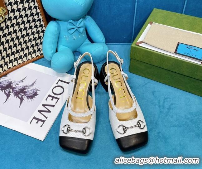 Classic Hot Gucci Matte Stone-Embossed Leather Slingback Pumps 2.5cm with Horsebit 043007 White 2021