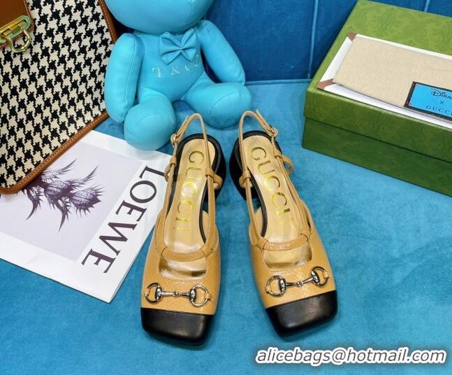 Purchase Gucci Matte Stone-Embossed Leather Slingback Pumps 2.5cm with Horsebit 043008 Beige 2021