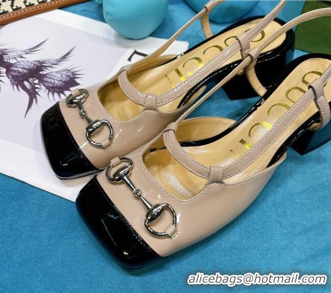 Best Grade Gucci Patent Calfskin Slingback Pumps 2.5cm with Horsebit 043010 Beige 2021