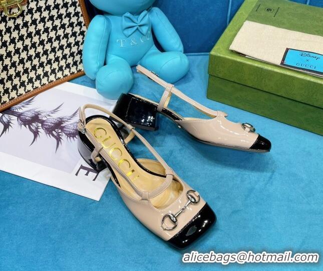 Best Grade Gucci Patent Calfskin Slingback Pumps 2.5cm with Horsebit 043010 Beige 2021