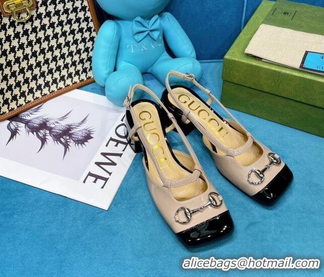 Best Grade Gucci Patent Calfskin Slingback Pumps 2.5cm with Horsebit 043010 Beige 2021