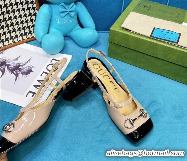 Best Grade Gucci Patent Calfskin Slingback Pumps 2.5cm with Horsebit 043010 Beige 2021