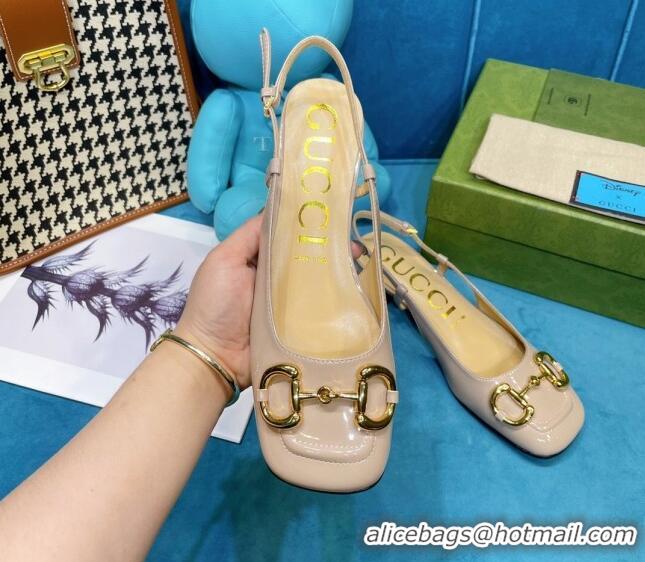 Custom Gucci Patent Calfskin Slingback Pumps 2.5cm with Horsebit 043017 Beige 2021