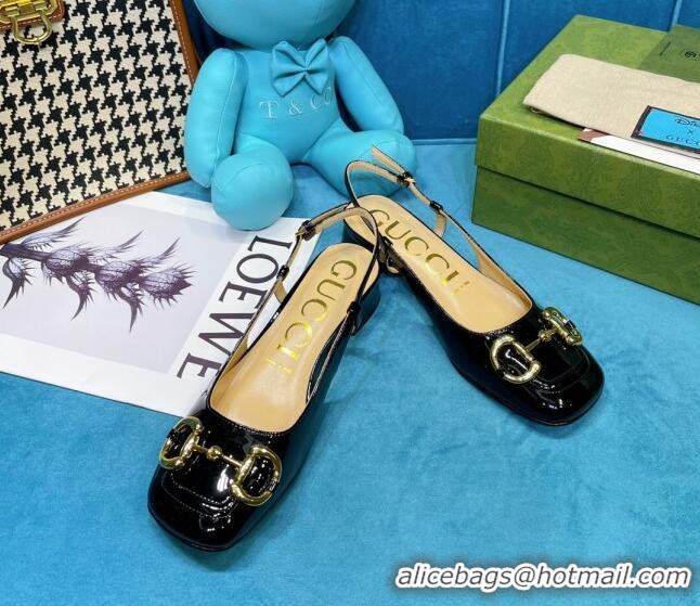 New Style Gucci Patent Calfskin Slingback Pumps 2.5cm with Horsebit 043017 Black 2021