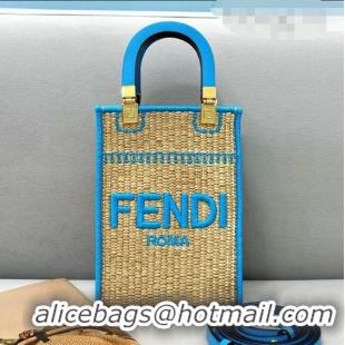 Promotional Fendi Sunshine Mini Shopper Tote Bag in Braided Straw 8376 Blue 2021