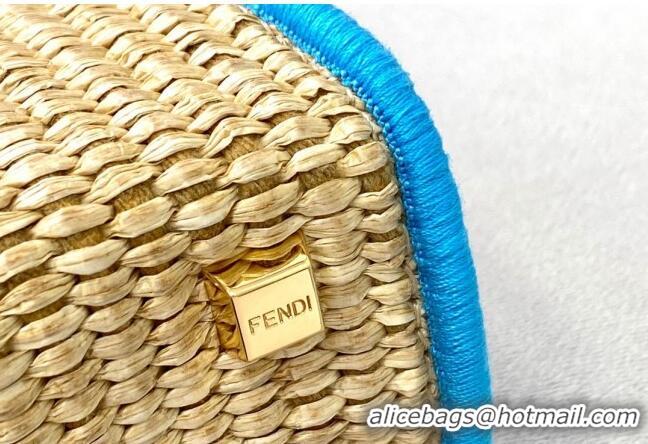 Promotional Fendi Sunshine Mini Shopper Tote Bag in Braided Straw 8376 Blue 2021