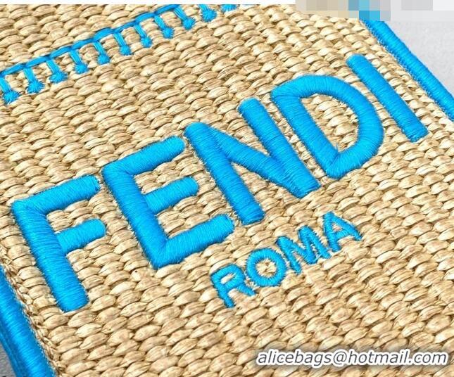 Promotional Fendi Sunshine Mini Shopper Tote Bag in Braided Straw 8376 Blue 2021