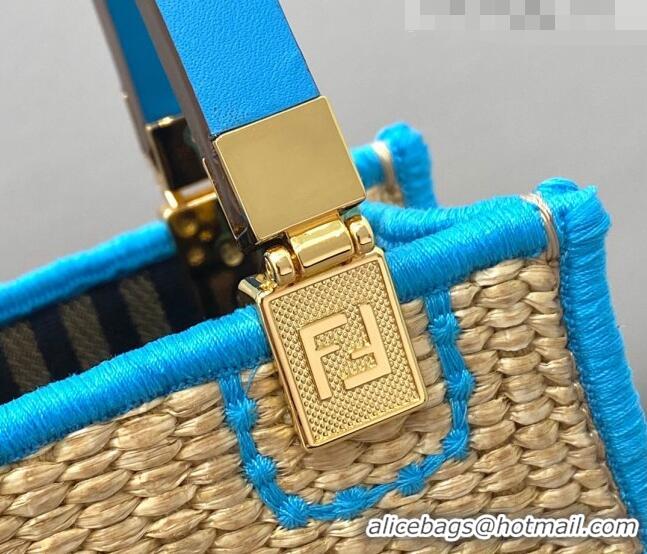 Promotional Fendi Sunshine Mini Shopper Tote Bag in Braided Straw 8376 Blue 2021