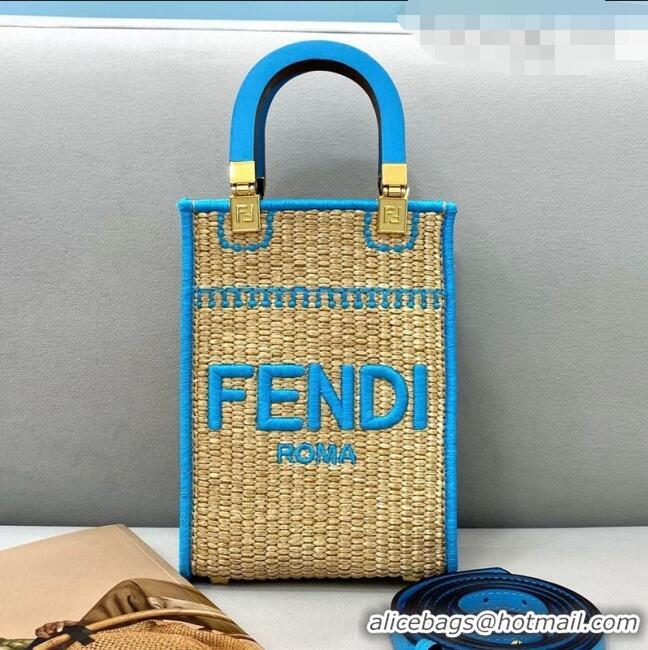 Promotional Fendi Sunshine Mini Shopper Tote Bag in Braided Straw 8376 Blue 2021