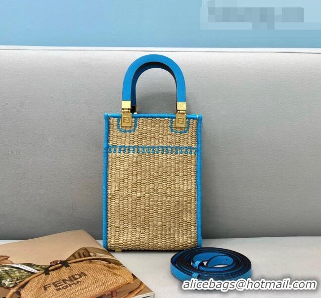 Promotional Fendi Sunshine Mini Shopper Tote Bag in Braided Straw 8376 Blue 2021