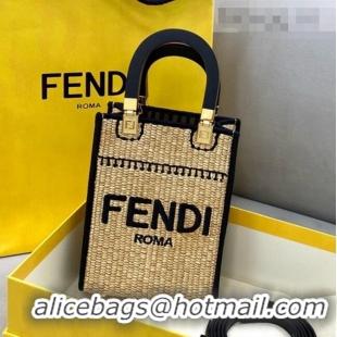 Cheap Fendi Sunshine Mini Shopper Tote Bag in Braided Straw 8376 Black 2021