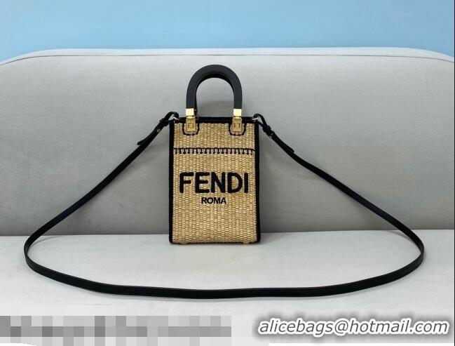 Cheap Fendi Sunshine Mini Shopper Tote Bag in Braided Straw 8376 Black 2021