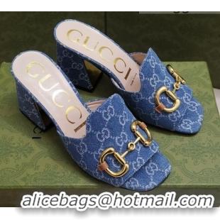 Classic Practical Gucci GG Canvas Slide Sandal with Horsebit 7cm 043037 Blue 2021