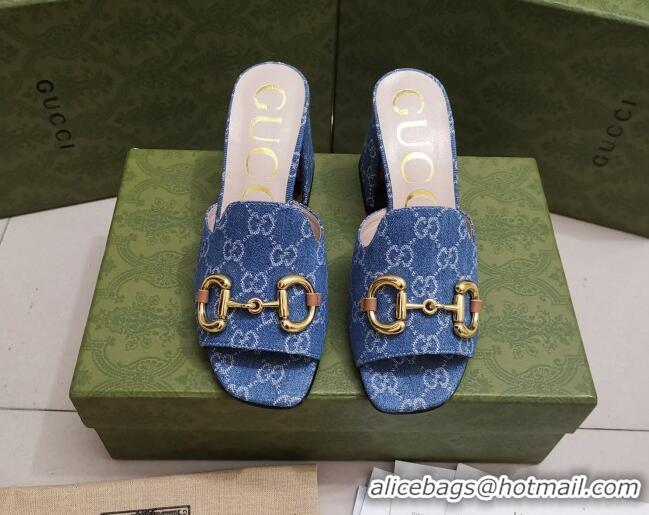 Classic Practical Gucci GG Canvas Slide Sandal with Horsebit 7cm 043037 Blue 2021