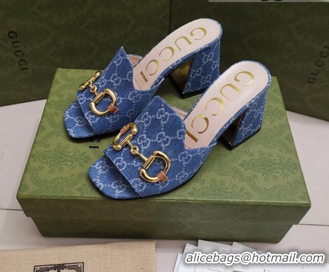 Classic Practical Gucci GG Canvas Slide Sandal with Horsebit 7cm 043037 Blue 2021