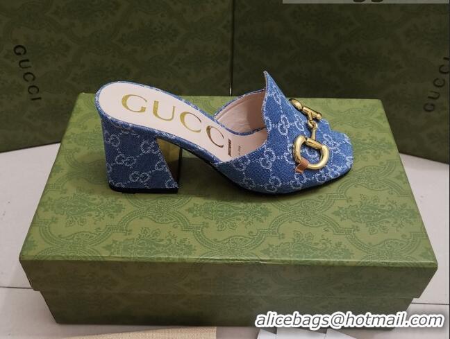 Classic Practical Gucci GG Canvas Slide Sandal with Horsebit 7cm 043037 Blue 2021