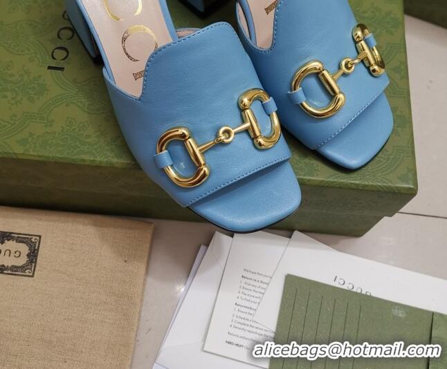 Sumptuous Gucci Leather Slide Sandal with Horsebit 7cm 043041 Blue 2021