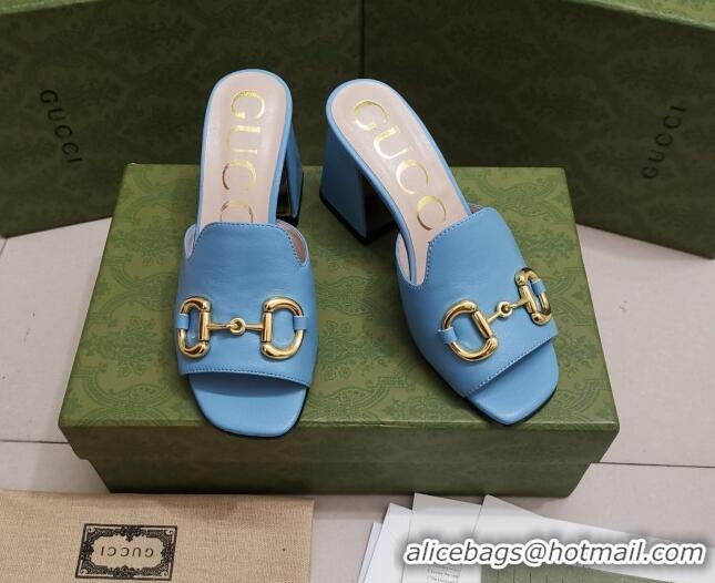 Sumptuous Gucci Leather Slide Sandal with Horsebit 7cm 043041 Blue 2021