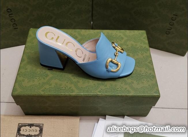 Sumptuous Gucci Leather Slide Sandal with Horsebit 7cm 043041 Blue 2021