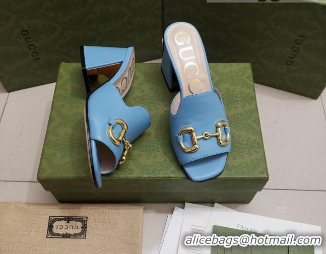 Sumptuous Gucci Leather Slide Sandal with Horsebit 7cm 043041 Blue 2021