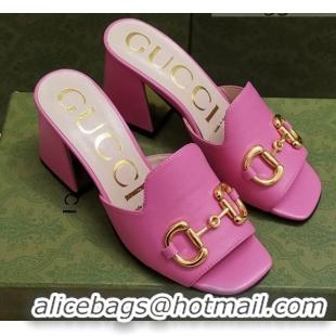 Feminine Gucci Leather Slide Sandal with Horsebit 7cm 043041 Pink 2021