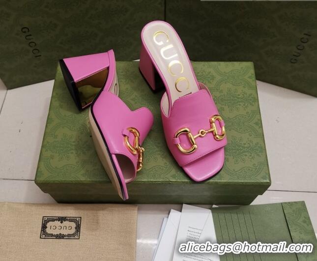 Feminine Gucci Leather Slide Sandal with Horsebit 7cm 043041 Pink 2021