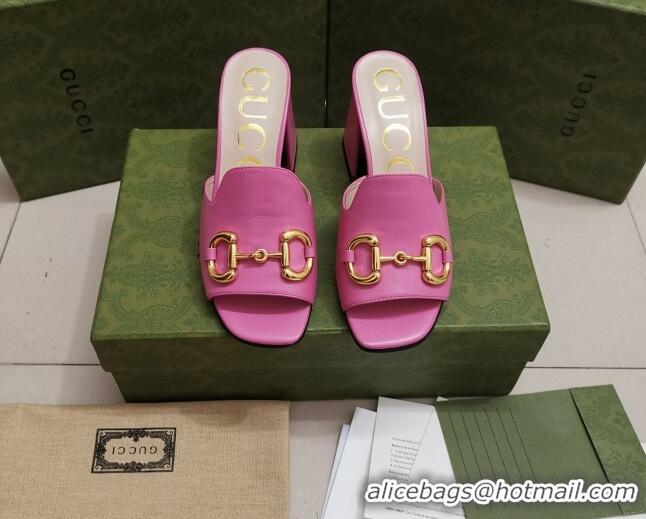 Feminine Gucci Leather Slide Sandal with Horsebit 7cm 043041 Pink 2021