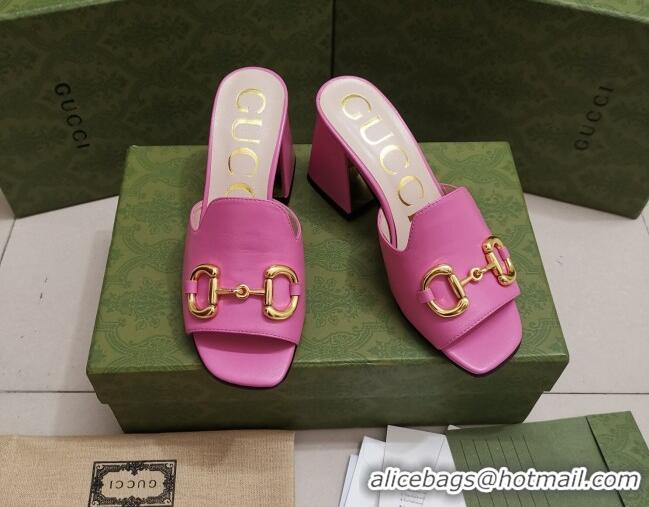 Feminine Gucci Leather Slide Sandal with Horsebit 7cm 043041 Pink 2021