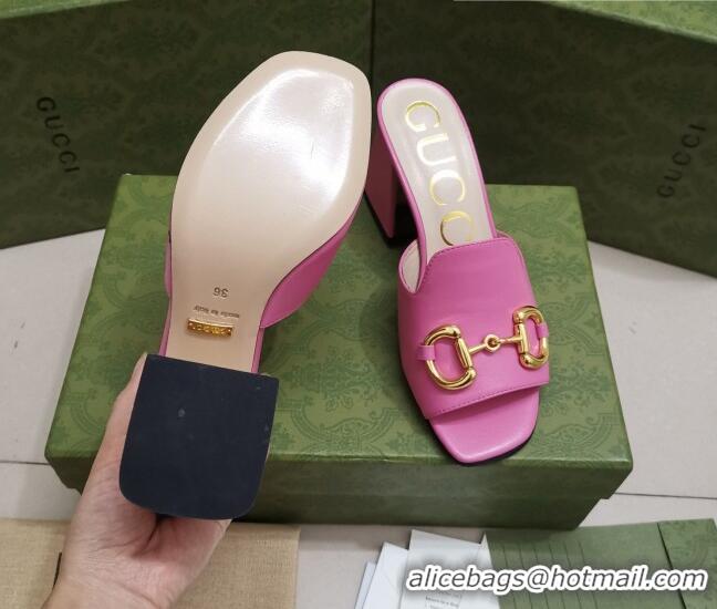 Feminine Gucci Leather Slide Sandal with Horsebit 7cm 043041 Pink 2021