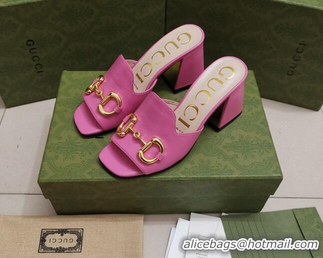 Feminine Gucci Leather Slide Sandal with Horsebit 7cm 043041 Pink 2021