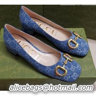 Good Quality Gucci GG Denim Pumps 2.5cm with Horsebit 043043 Light Blue 2021