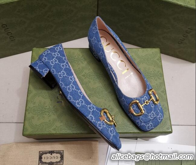 Good Quality Gucci GG Denim Pumps 2.5cm with Horsebit 043043 Light Blue 2021