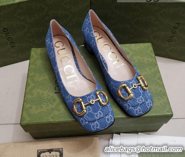 Good Quality Gucci GG Denim Pumps 2.5cm with Horsebit 043043 Light Blue 2021