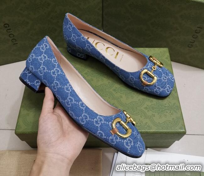 Good Quality Gucci GG Denim Pumps 2.5cm with Horsebit 043043 Light Blue 2021