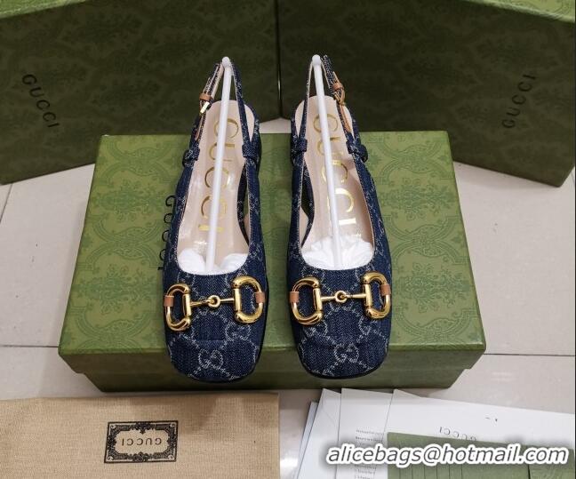 Unique Style Gucci GG Denim Slingback Pumps 2.5cm with Horsebit 043044 Dark Blue 2021