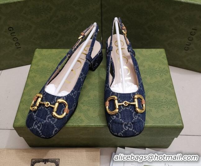 Unique Style Gucci GG Denim Slingback Pumps 2.5cm with Horsebit 043044 Dark Blue 2021