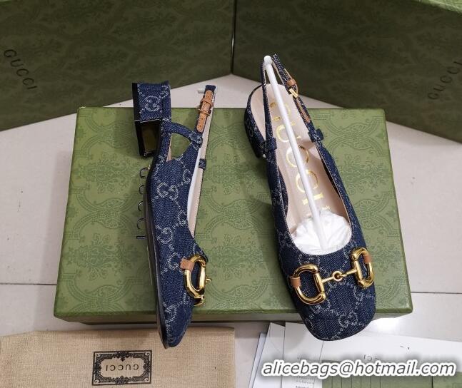 Unique Style Gucci GG Denim Slingback Pumps 2.5cm with Horsebit 043044 Dark Blue 2021