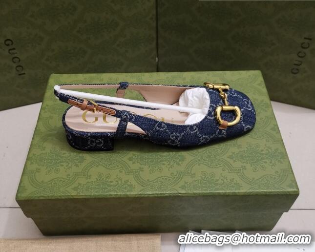 Unique Style Gucci GG Denim Slingback Pumps 2.5cm with Horsebit 043044 Dark Blue 2021