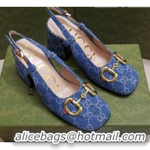 Good Looking Gucci GG Denim Slingback Pumps 7cm with Horsebit 043045 Light Blue 2021