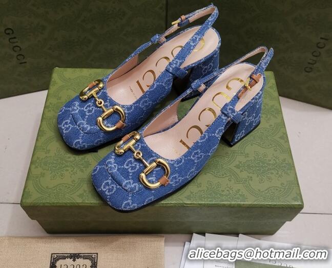 Good Looking Gucci GG Denim Slingback Pumps 7cm with Horsebit 043045 Light Blue 2021