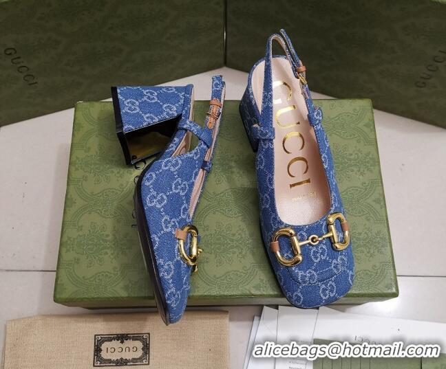 Good Looking Gucci GG Denim Slingback Pumps 7cm with Horsebit 043045 Light Blue 2021