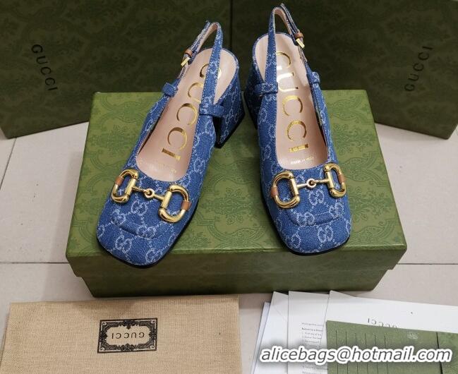 Good Looking Gucci GG Denim Slingback Pumps 7cm with Horsebit 043045 Light Blue 2021