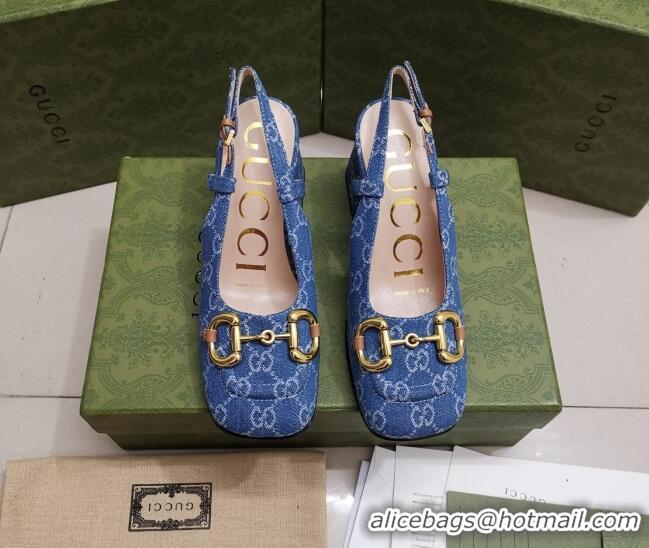 Good Looking Gucci GG Denim Slingback Pumps 7cm with Horsebit 043045 Light Blue 2021