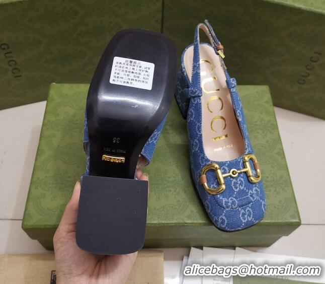 Good Looking Gucci GG Denim Slingback Pumps 7cm with Horsebit 043045 Light Blue 2021