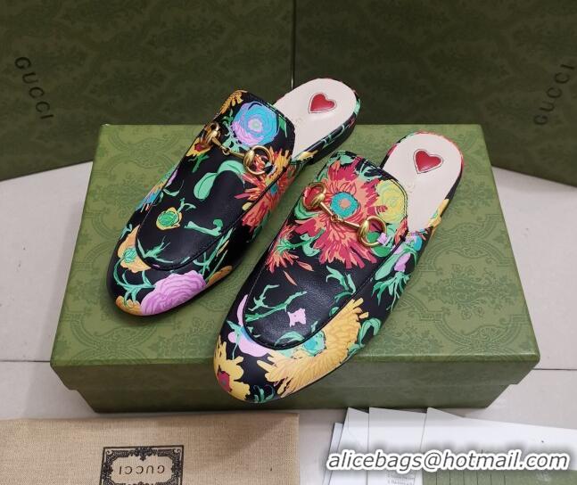 Best Grade Gucci Flora Print Princetown Slipper 043046 Black 2021