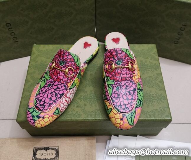 Comfortable Gucci Flora Print Princetown Slipper 043047 Pink 2021