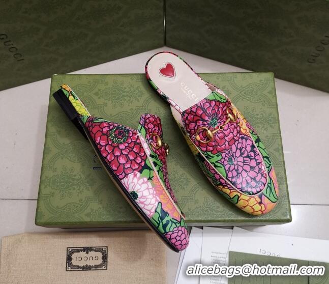 Comfortable Gucci Flora Print Princetown Slipper 043047 Pink 2021