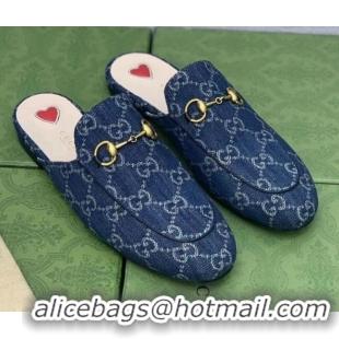 Purchase Gucci GG Denim Princetown Slipper with Horsebit 043055 Dark Blue 2021